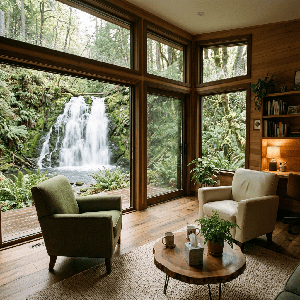 Cozy cabin living room with two armchairs and a wooden table overlooking a waterfall through large glass windows